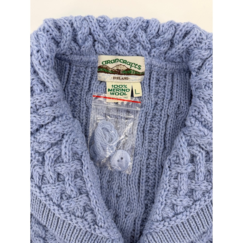 Aran Crafts Ireland Mens Blue 100% Merino Wool Cable Knit Cardigan Sweater L - Picture 4 of 4